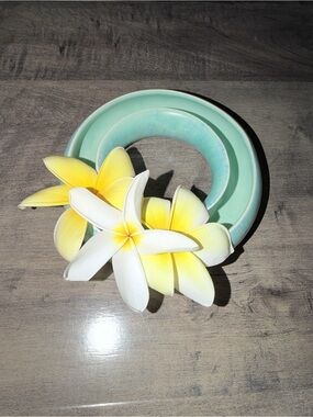 Vintage mid-century Aqua Ceramic circular post ring rose bowl